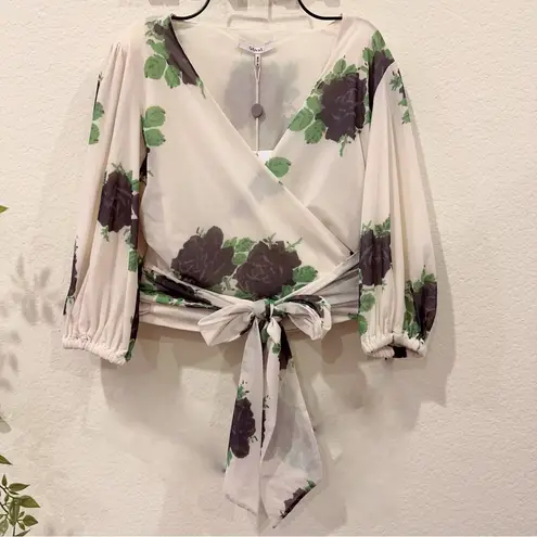 Ganni Tilden Mesh Wrap Floral Top in Vanilla Ice Size 36 NWT