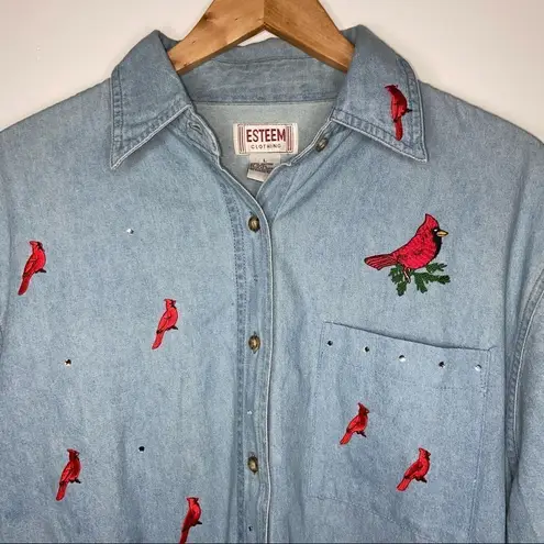 esteem jean button up with cardinals embroidery
