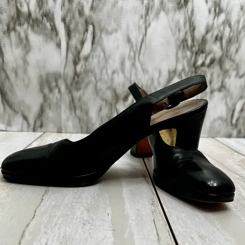 Salvatore Ferragamo Black Leather Slingback Block Heels Office Siren Classic Vtg