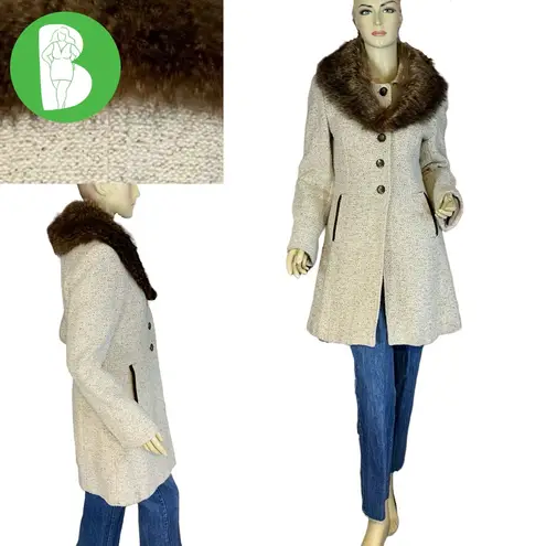 VINTAGE CIRCA 1980'S J. MARCO BEIGE & BROWN WOOL & FOX FUR COLLAR COAT (S)