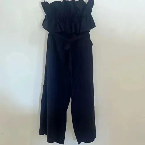 Saints + Secrets  Ruffle 100% Linen Strapless Jumpsuit Navy S - Image 9