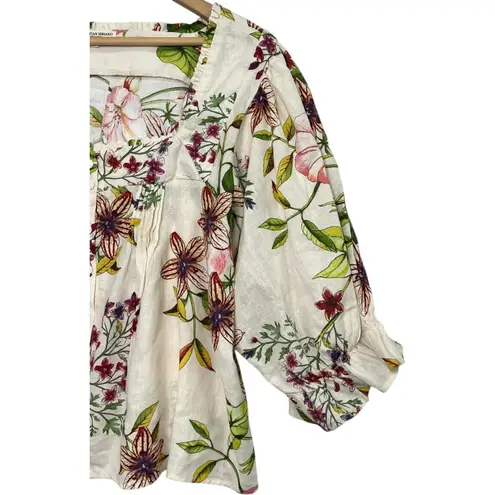 Christian Siriano Top Womens Large Floral Linen Blend Peasant Boho Festival