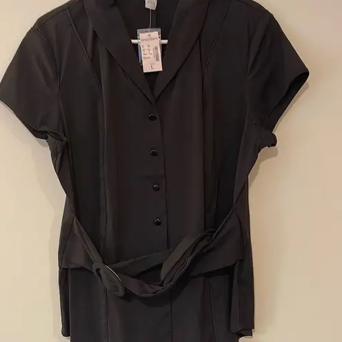 Dress Barn  Women's Belted Top Blouse Button Down Collared Work Black Size Large