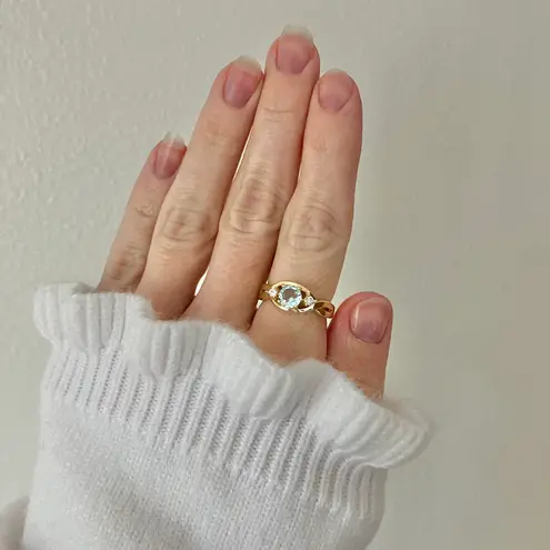 Boutique NWT Gold Sapphire Round Cut Ring “Raphaella” Light Blue Topaz Promise Engagement Jewelry