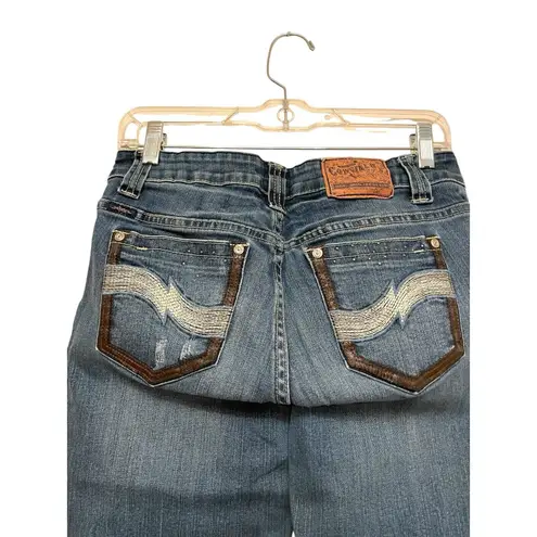 Cowgirl Up Embroidered Low Rise Bootcut Jeans Size 4/28 Blue Leather Rhinestone
