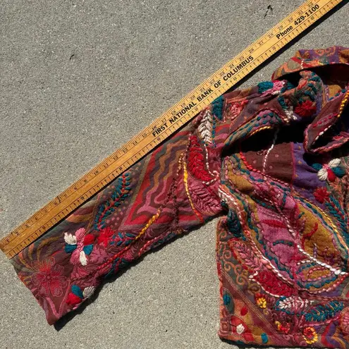 Anu Boho Wool Embroidered Multicolor Floral Fringe Jacket Art to Wear Small Pink