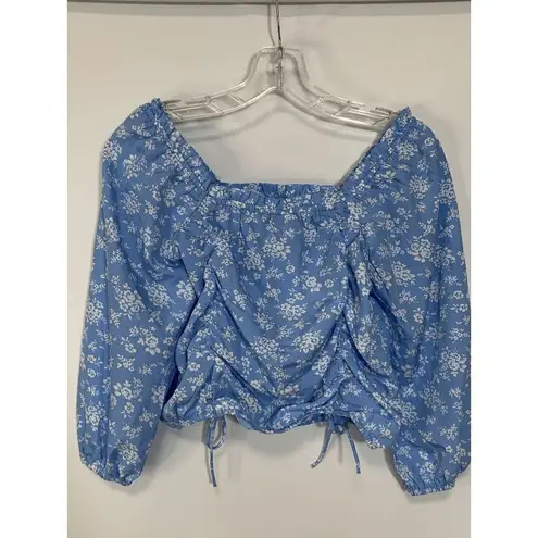 Speed Limit Womens Blouse Cropped Square Neck Drawstring Floral Blue Medium