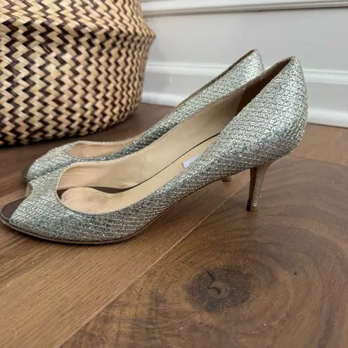 Jimmy Choo Glitter Fabric Isabel Peep Toe Pumps Heels 39.5