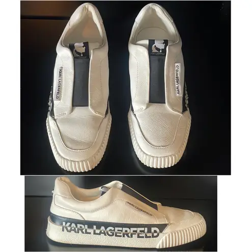 Karl Lagerfeld PARIS Leather White Black Logo Slip-On Sneakers $129 EUC Wmn 7
