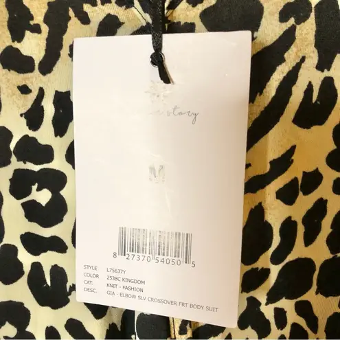 A Love Story Gia Faux Wrap Leopard Print Puff Sleeve Bodysuit Black Brown medium