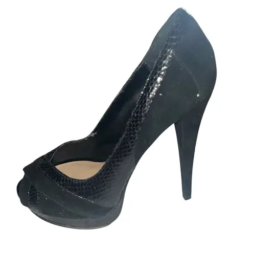 H by Halston Black Suede Snake Accents Platform Peep Toe Stiletto Women's Size 6