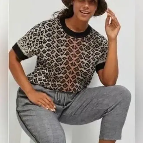 Maeve Anthropologie Ellinor Short Sleeve Leopard Sweater Brown Black XL