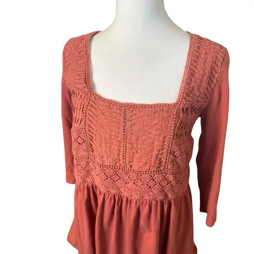 Meadow Rue Nosara Babydoll Peplum Peasant Top Pleated Bibbed Eyelet Scallops SM Orange