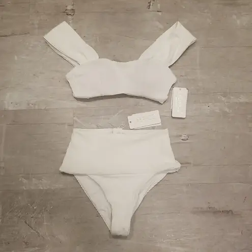 l*space 💕L*💕 Pointelle Rib Bikini Set Gizelle Top (M) + Desi Bottom (S) White NWT