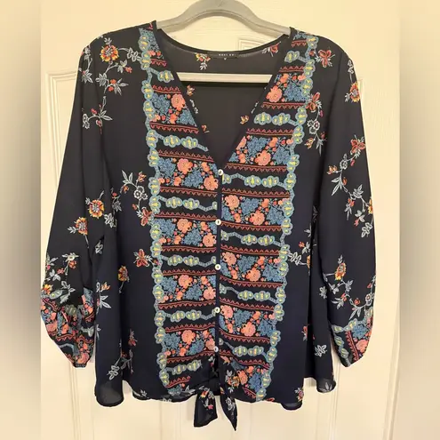 West Kei Floral Navy Blouse with Tie Front