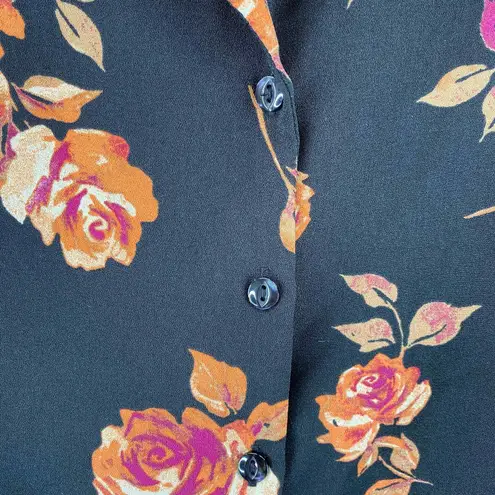 BP Brass Plum Button Front Shirt Womens Small Black Floral Polyester Wide Sleeve Size undefined