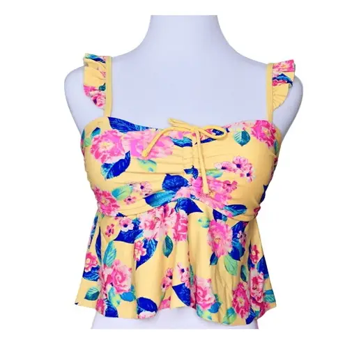 Arizona Jeans Arizona Jean Yellow Pink Cried Ruffle Tankini Floral 2pc Swimsuit LARGE Poolcore