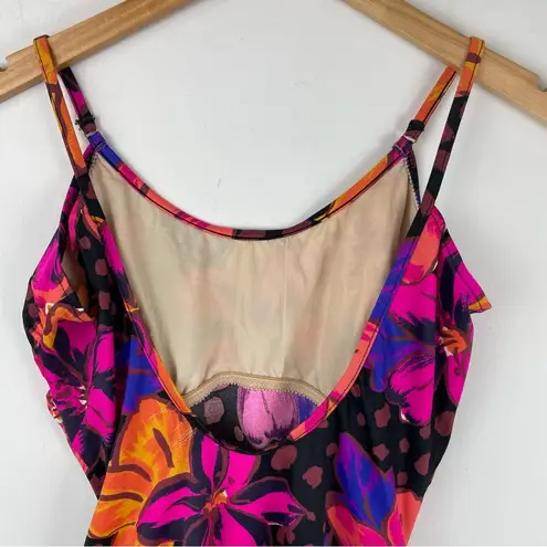 Vtg Abstract Print One Piece Swim Sz 14 Hawaiian Floral Dot Print Black