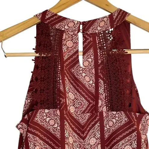 As You Wish As U Wish Burgundy Boho Floral Tunic Dress Lace Keyhole Back Lined Medium Flowy