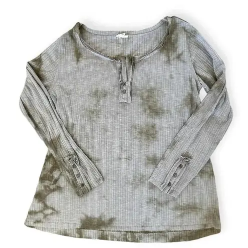 POL  Comfy Boho Oversized Henley Long Sleeve Ribbed Knit Top Tan Tie Dyed size M