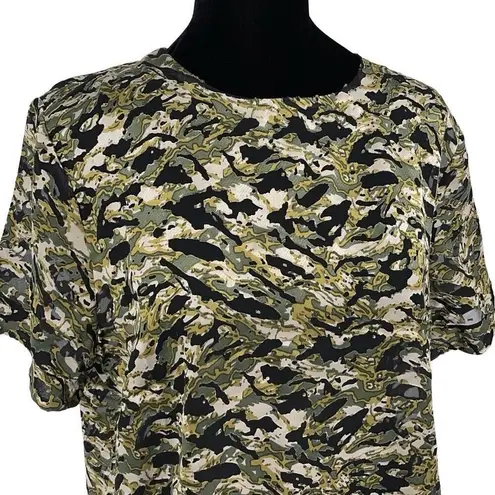 T Tahari  Womens Burnout Boxy Camo Abstract Short Sleeve Top Olive Medium NWT