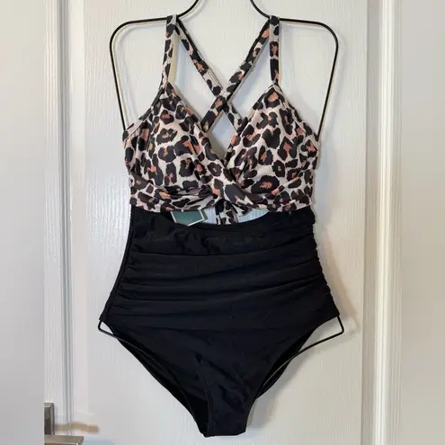 Eomenie Women's One Piece Swimsuit Cutout High Waisted Tie Back Black Leopard M Size M