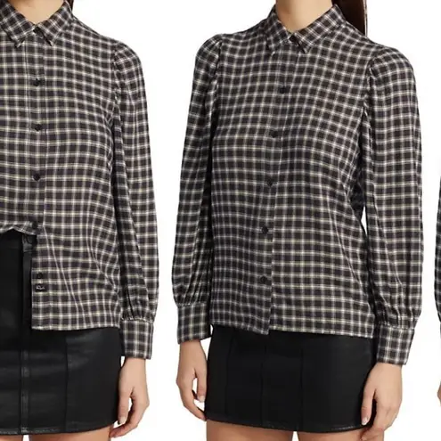 Rails Angelica Plaid Flannel Button Down Top M Grey & Black check Puff Shoulders