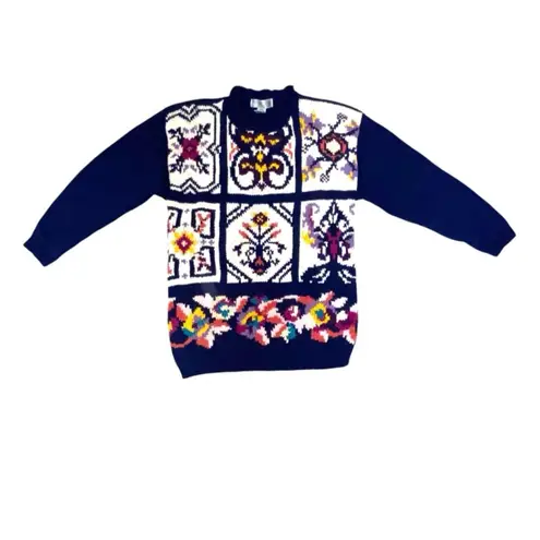 Vintage 80s 90s Blue Floral Granny Square Tile Oversized Crewneck Knit Sweater Size M