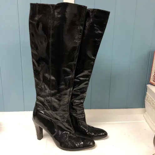 Salvatore Ferragamo Women Sz 7.5 Black Patent Leather Tall Knee High Heel Boot