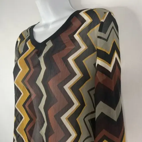 Missoni Brown Black Signature Zig Zag Sheer Crepe Long Sleeve Blouse Top