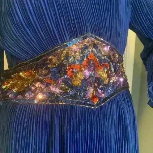 Nuit Vintage 80s Crepe Dress 10 Sequin Wasp Belt Blue Longsleeve Cocktail Formal