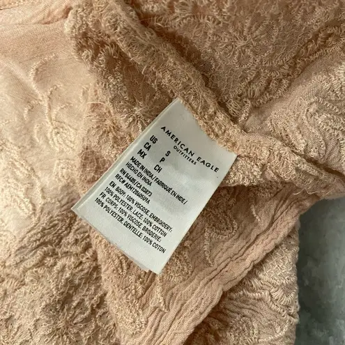American Eagle  Pale Pink Open Tie Plunge Back Embroidered Peasant Top Size S