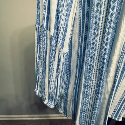 Brina & Em Colter Split Neck Boho Blue White Top Size Large