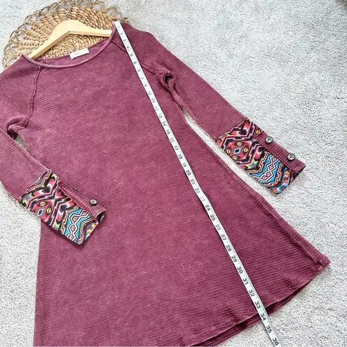 Hailey&Co Waffle Knit Washed Boho Burgundy Red Long Sleeve Mini Dress Size L Size L