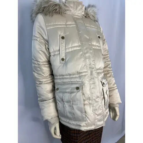 Esprit 2000s Faux Fur Hooded Cream Winter Puffer Coat Size Medium