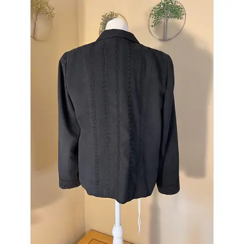 Vintage Blue Ice Black Faux Micro Suede Embroidered Open Front Blazer Size 8 Black