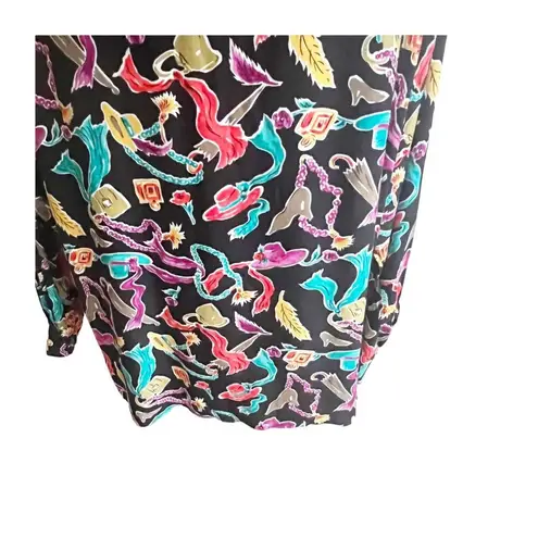 Diane Von Furstenburg Vintage Novelty Hats Feather Button Down Shirt XL Artsy Black