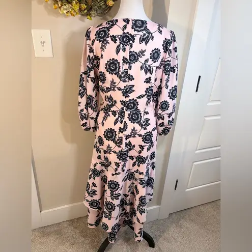 Eliza J Pink and Navy Floral Faux Wrap 3/4 Sleeve Tiered Midi Dress Sz 12