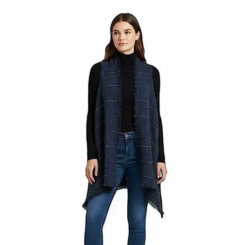 Navy Blue Colorful Windowpane Pattern Open Front Fringed Cardigan Sweater Vest Size undefined thumbnail 2