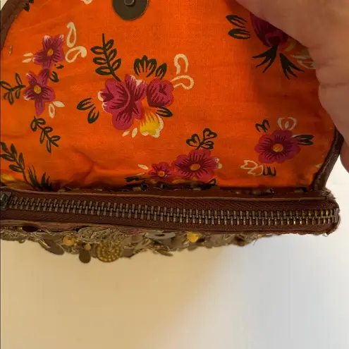 GOLD SEQUIN BEADED WRISTLET WITH BROWN LEATHER NO BRAND TAG MADE IN INDIA