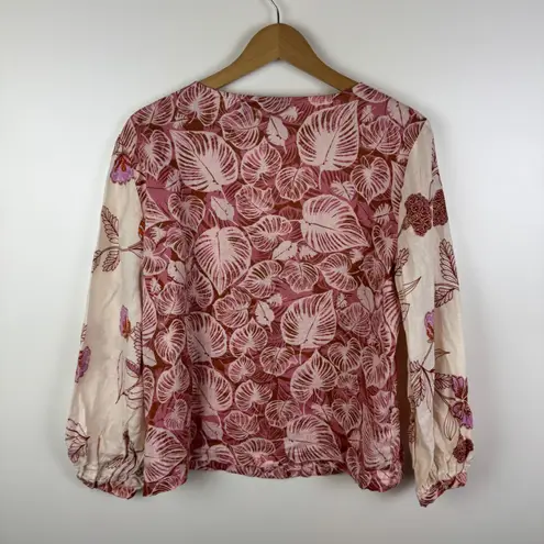 Tahari 100% Linen Floral Blouse Medium Pink Botanical Leaf Boho Cottage Resort