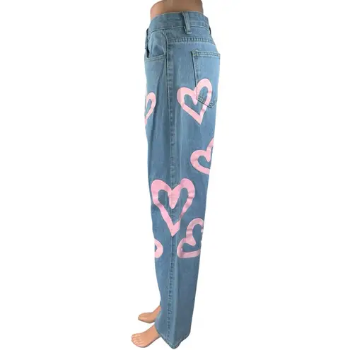 Colorful Natalie Blue Pink Hearts High Waisted Baggy Wide Leg Denim Jeans Size L Size L