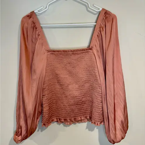 J.Crew  Squareneck Smocked Featherweight Pink Satin Long Sleeve Crop Top