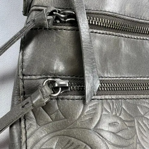The Sak Reseda Gray Leather Bohemian Crossbody Bag Purse Embossed Floral