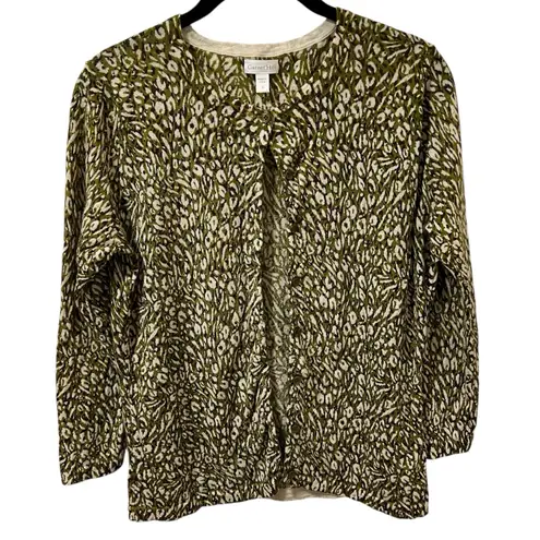 Garnet Hill NEW Signature Eco Merino Cardigan Sweater S Green Leopard