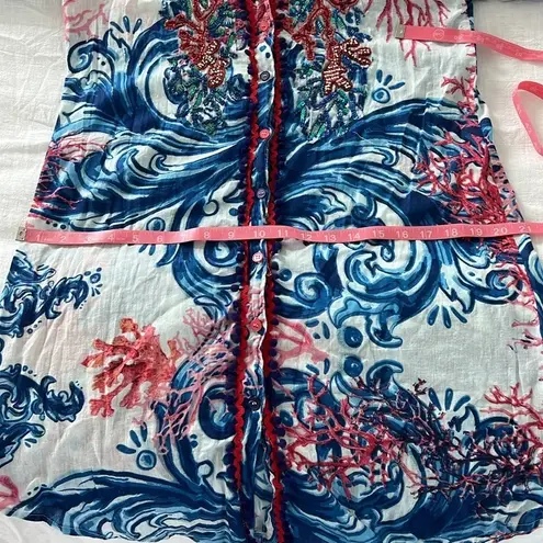 Antica Sartoria Beach Shirt Dress Button Front Cover Up Resort Wear Sequin Small White