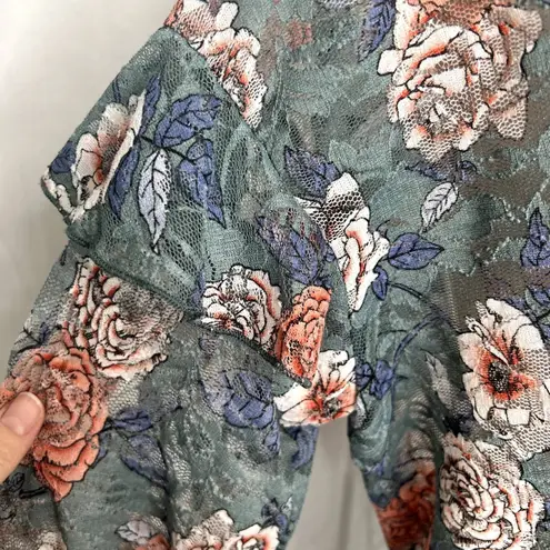 Melrose and Market Sheer Floral Lace Ruffle Long Sleeve Blouse Size MD