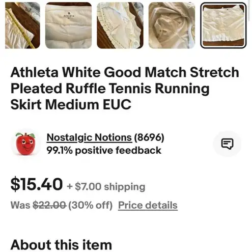 Athleta  white good match stretch pleated ruffle tennis running skirt medium