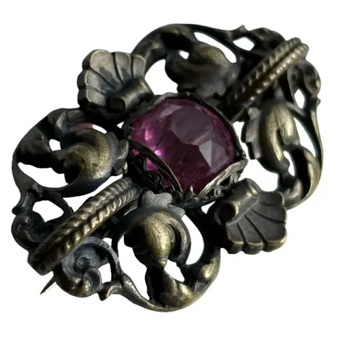 Antique Victorian Paste Brooch Gothic Revival Dark Patina Metal Pink