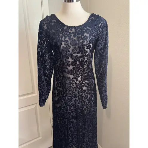 Vintage Caron Joy Sheer Velvet Burnout Dress Floral Long Sleeve Maxi Evening Black Size 12